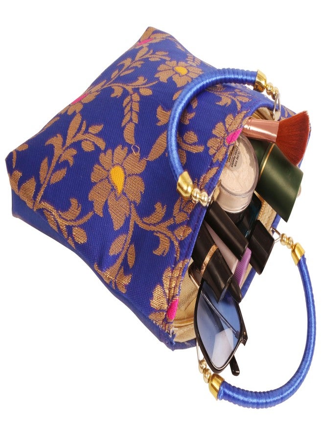 Indtresor beaded handcrafted brocade evening purse handbag vintage party wedding gift for women. Blue Gold - Image 4